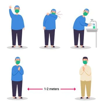 Boy Moslem Preventing Spread Of Flu Virus Flat Character Stock Illustration