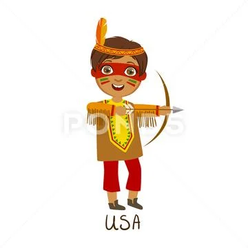 Boy In Native American Country National Clothes, Wearing Feather Headdress And A Stock Illustration