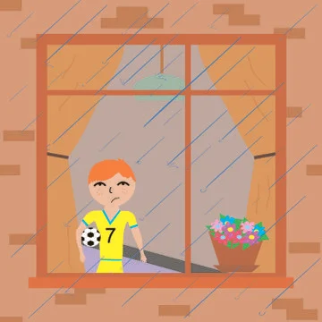 A boy near the window watching the rain Stock Illustration