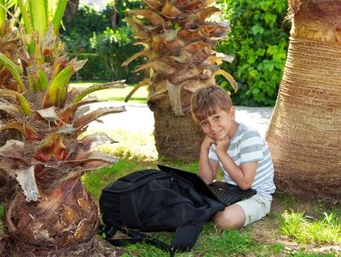 Boy with a netbook under a palm tree Stock Photos