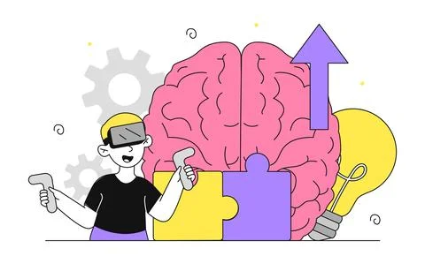Boy with neurodiversity. Cute guy in virtual reality glasses near large brain Stock Illustration