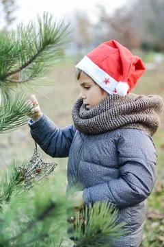 A boy in a New Year's hat is decorating a Christmas tree outdoor Stock Photos