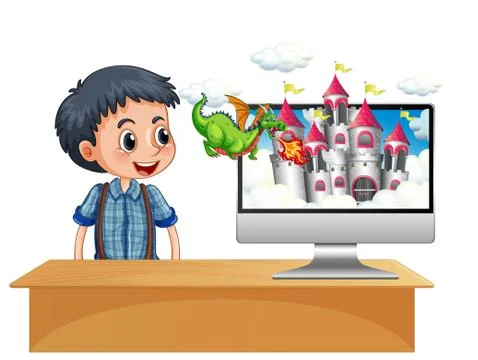 Boy next to computer with castle desktop screen background Stock Illustration