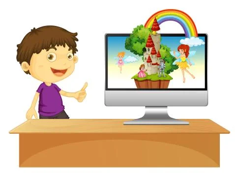 Boy next to computer fairy tale screen Stock Illustration