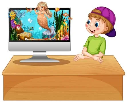 Boy next to computer with mermaid screen Stock Illustration