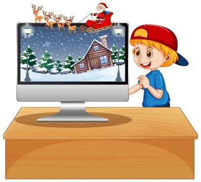Boy next to computer on the table with xmas theme desktop background Stock Illustration