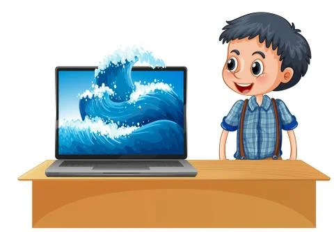 Boy next to laptop with wave on screen background 스톡 일러스트