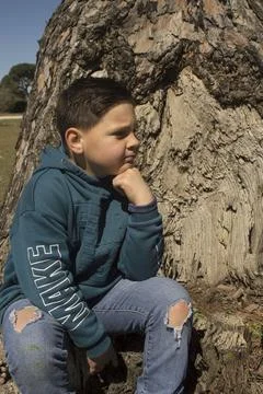 Boy next to a tree trunk. Stock Photos