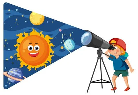 Boy observing the sky through telescope Illustrazione stock