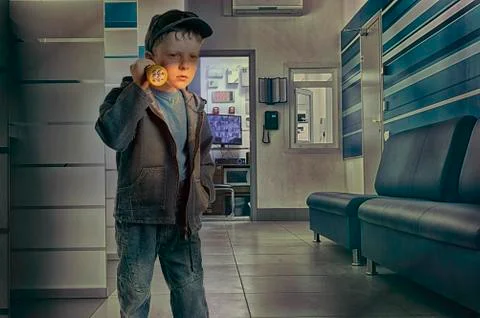 Boy in the office security guard with flashlight Stock Photos