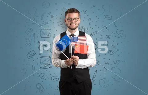 Boy with office symbol concept and flag Stock Photos