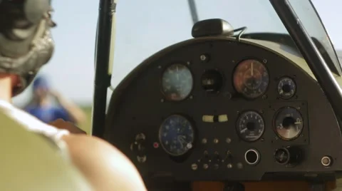 Boy in old airplane, tool panel Stock Footage 67460725