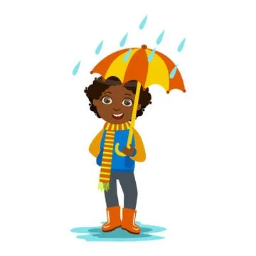 Boy With Open Umbrella Standing Under Raindrops, Kid In Autumn Clothes In Fall Ilustración de archivo