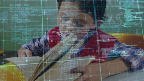 Boy opening book and flipping pages while studying schoolwork, HUD code grid Stock Footage 330032942