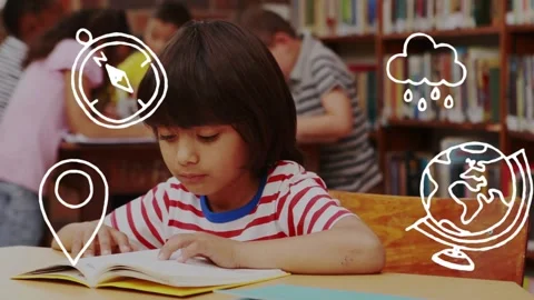 Boy opening book at library, showing educational compass location pin rain cloud Stock Footage 327782444