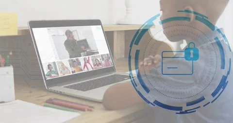 Boy opening laptop and joining online class while security graphic with lock Stock Footage 329028309