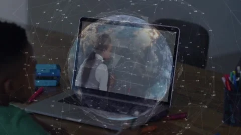 Boy opening laptop to learn math, watching teacher drawing graphs with globe Stock Footage 320128290