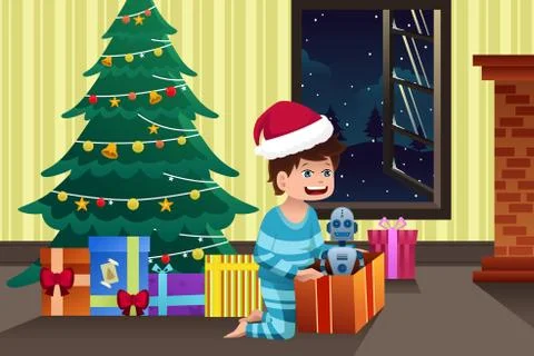 Boy opening a present under the Christmas tree Stock Illustration