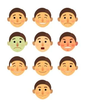 Boy or man different face emotions collection cartoon flat - Emoji emoticon icon Stock Illustration
