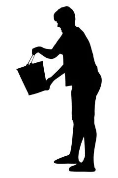 Boy or man is going to pour water out of the bucket, silhouette. Vector Stock Illustration