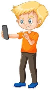 Boy in orange shirt using smart phone cartoon character isolated on white bac Stock Illustration