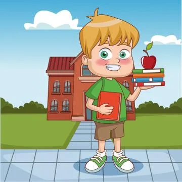 Boy outside school building Ilustración de archivo