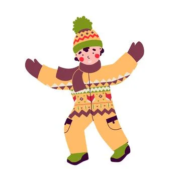 Boy in overalls in winter for clothes design. Vector art print. Stock Illustration