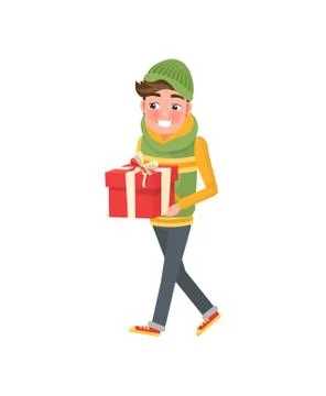 Boy with Packed Present, in Hat and Scarf, Vector Stock Illustration