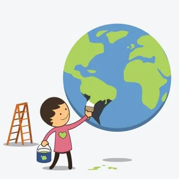 Boy painted globe in green Stock Illustration
