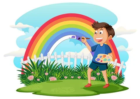 A boy painting rainbow Stock Illustration