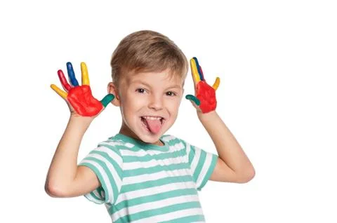 Boy with paints on hands Stock Photos