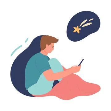 Boy in pajamas sitting in bed, using phone to chat and play mobile game Stock Illustration
