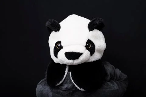 A boy in panda head backward on black background. Stockfoto's