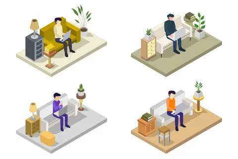 Boy at the pc on sofa isometric on background Stock Illustration