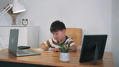 A boy performs a task in an online lesson. The child communicates online while Stock Footage 156682005