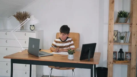 A boy performs a task in an online lesson. The child communicates online while Stock Footage 156756916