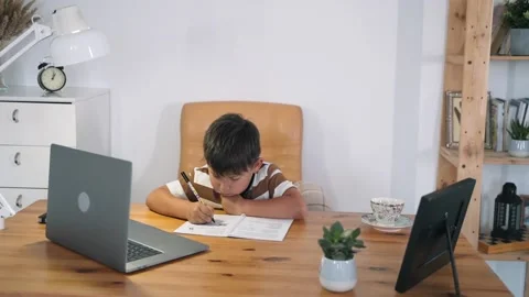 A boy performs a task in an online lesson. The child communicates online while Stock Footage 156757679