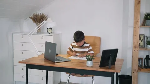 A boy performs a task in an online lesson. The child communicates online while Stock Footage 156757767