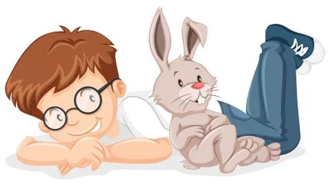 Boy with pet rabbit Illustrazione stock