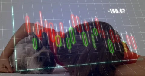 Boy petting rabbit while financial candlestick chart popping up tracking losses Stock Footage 325771685