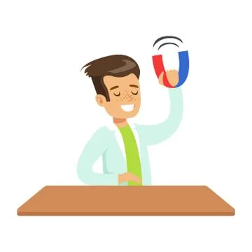 Boy Physicist With Magnet, Kid Doing Science Research Dreaming Of Becoming Stock Illustration