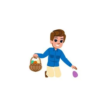 Boy picking up easter eggs during egg hunt with basket Stock Illustration