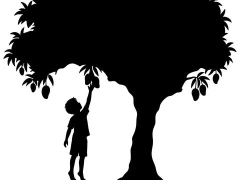 Boy picking mango from tree silhouette vector illustration Stock Illustration
