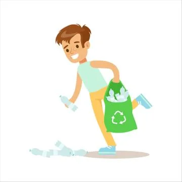 Boy Picking Up Recycle Plastic Bottles Helping In Eco-Friendly Gardening Stock Illustration