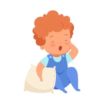 Boy with the pillow wants to sleep. Vector illustration on a white background. イラスト素材