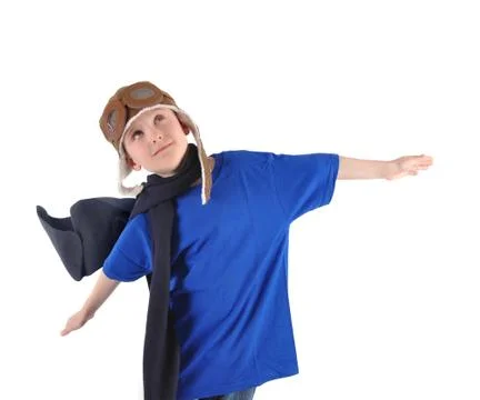 Boy pilot flying on white background Stock Photos