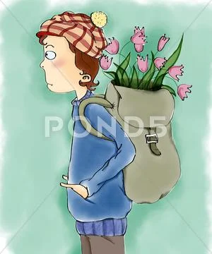 Boy with pink flowers in bag behind his back Stock Illustration