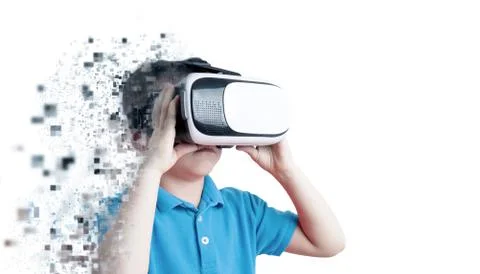 Boy is pixelated while using the virtual reality glasses. Virtual reality con Stock Photos