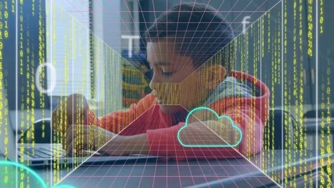 Boy placing hands on laptop typing for learning magenta grid projecting to head Stock Footage 333704629