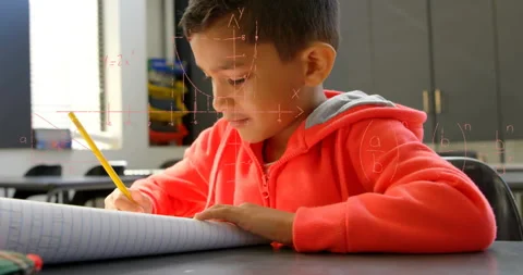 Boy placing pencil on notebook solving math in classroom, summoning animated Stock Footage 315864462